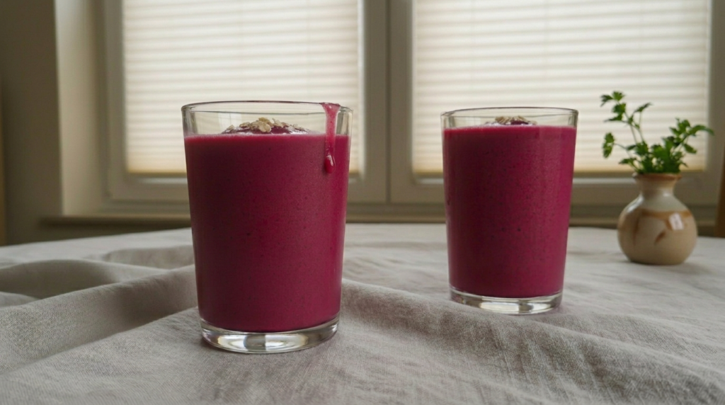 Das Foto zeigt zwei dunkelroten Smoothies.